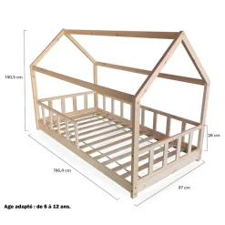 Lit cabane 90 x 190 cm + sommier + barrière TIKI