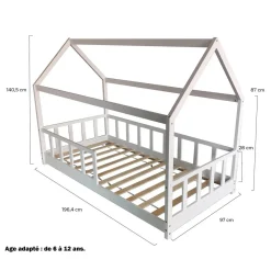 Lit cabane 90 x 190 cm + sommier + barrière TIKI