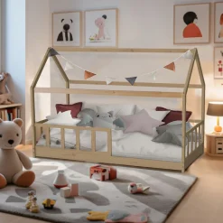 Lit cabane 90 x 190 cm + sommier + barrière TIKI