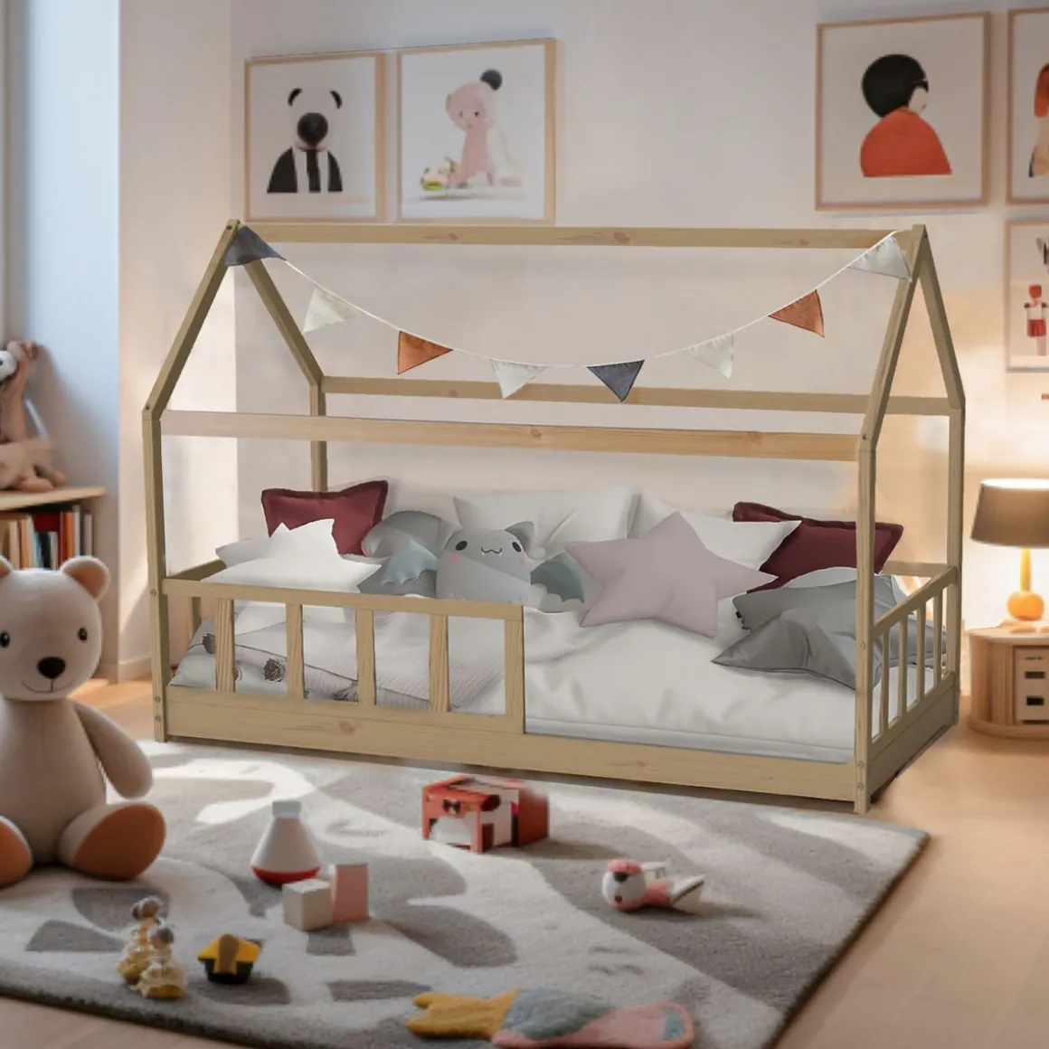 Lit cabane 90 x 190 cm + sommier + barrière TIKI