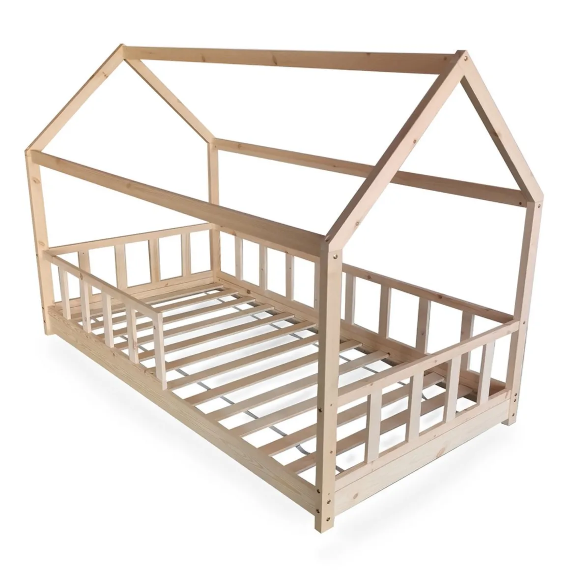 Lit cabane 90 x 190 cm + sommier + barrière TIKI