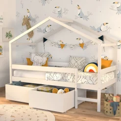 Lit cabane bois massif 90x190 cm avec 2 tiroirs sommier barrière et échelle ELIO