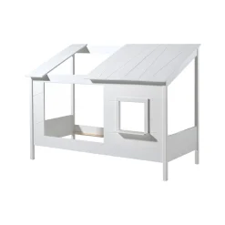 Lit Cabane 90x200 toit semi-ouvert et fenêtre Sommier inclus HouseBed - Blanc
