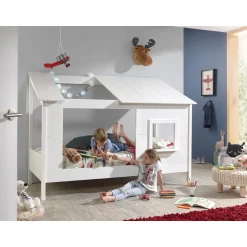 Lit Cabane 90x200 toit semi-ouvert et fenêtre Sommier inclus HouseBed - Blanc
