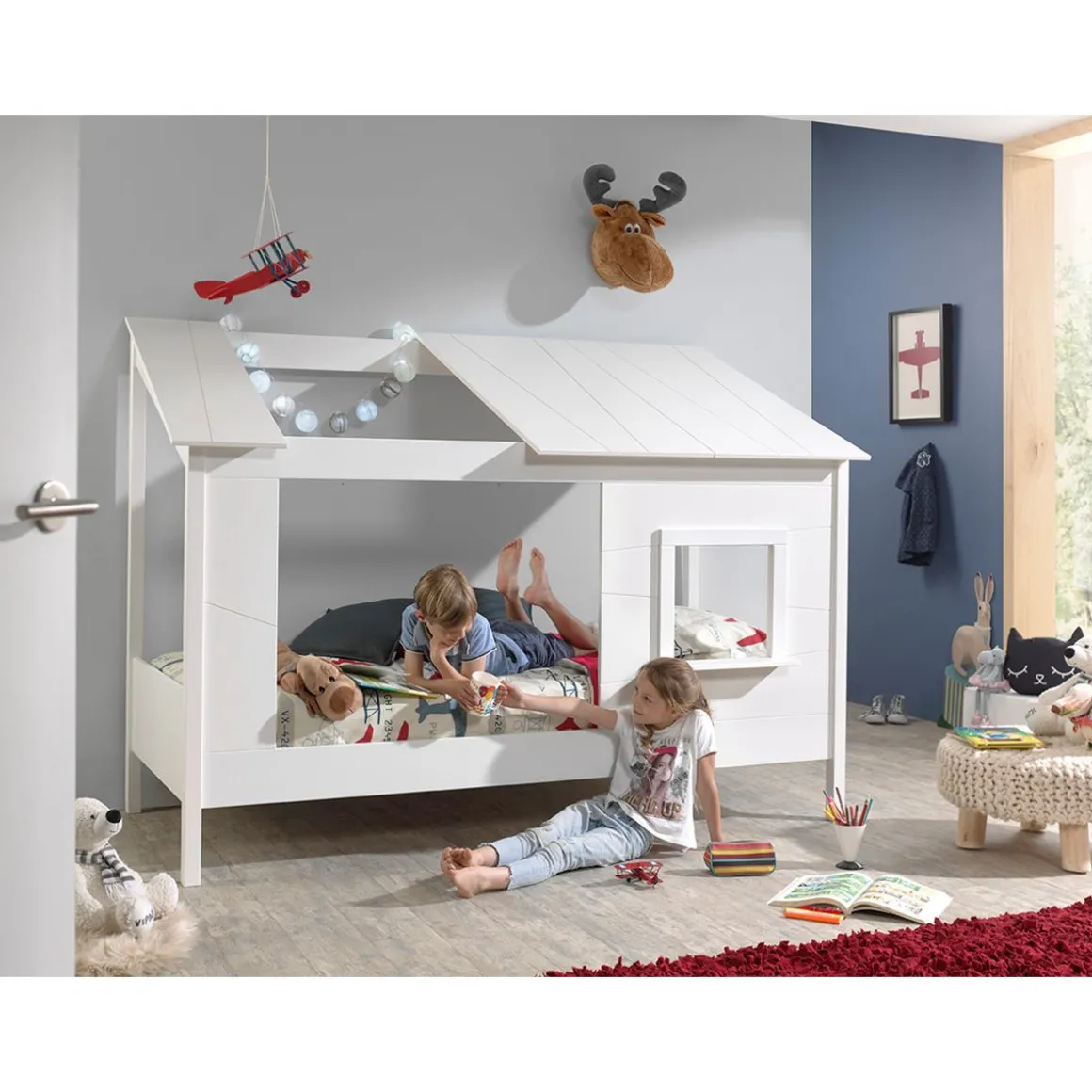 Lit Cabane 90x200 toit semi-ouvert et fenêtre Sommier inclus HouseBed - Blanc