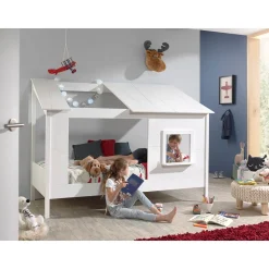 Lit Cabane 90x200 toit semi-ouvert et fenêtre Sommier inclus HouseBed - Blanc