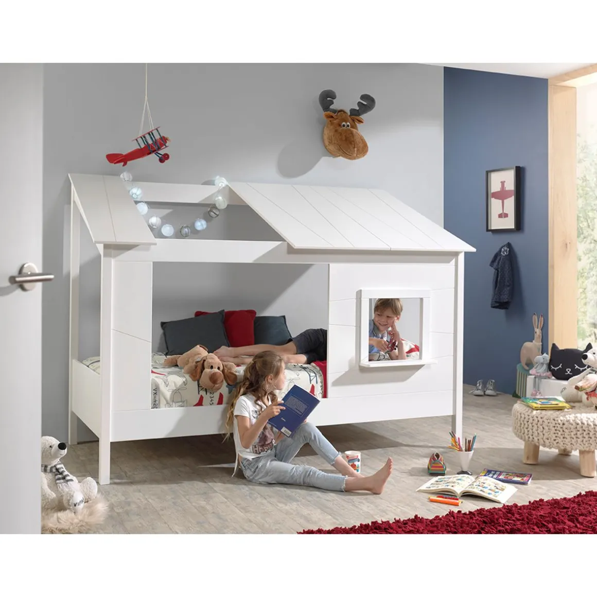 Lit Cabane 90x200 toit semi-ouvert et fenêtre Sommier inclus HouseBed - Blanc