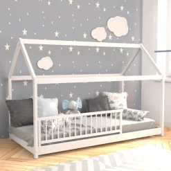 Lit cabane enfant en bois massif 90 x 190 cm avec sommier + barrière de lit LOUIS