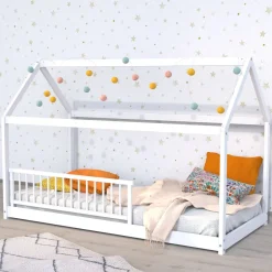 Lit cabane enfant en bois massif 90 x 190 cm avec sommier + barrière de lit LOUIS