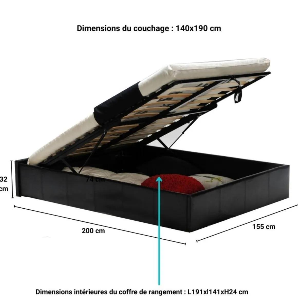 Lit coffre adulte 140 x 190 cm + sommier TIVOLI