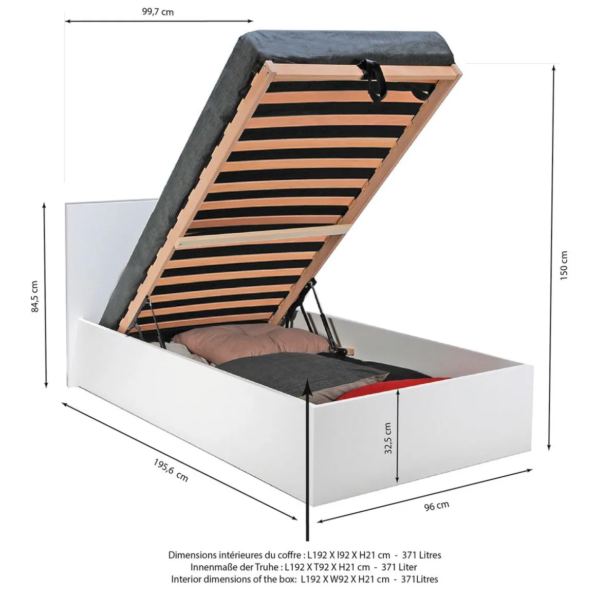 Lit coffre avec sommier relevable et tête de lit 90x190 cm MADRID