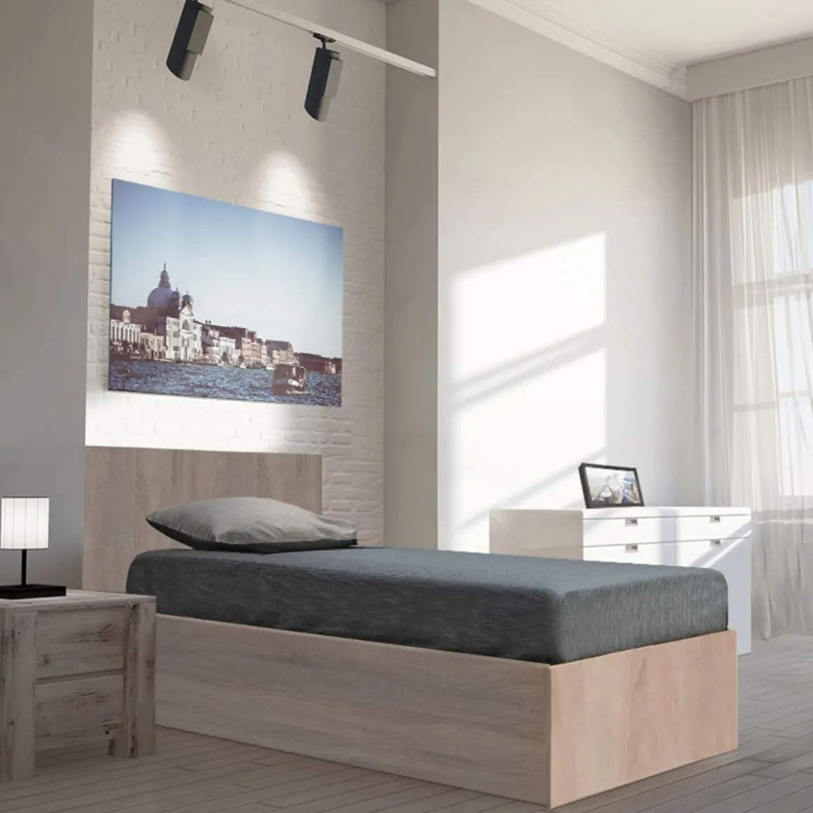 Lit coffre avec sommier relevable et tête de lit 90x190 cm MADRID