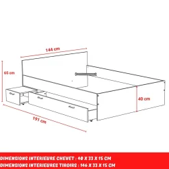 Lit double avec rangements 140X190 cm 1 chevet 1 tiroir BLAST