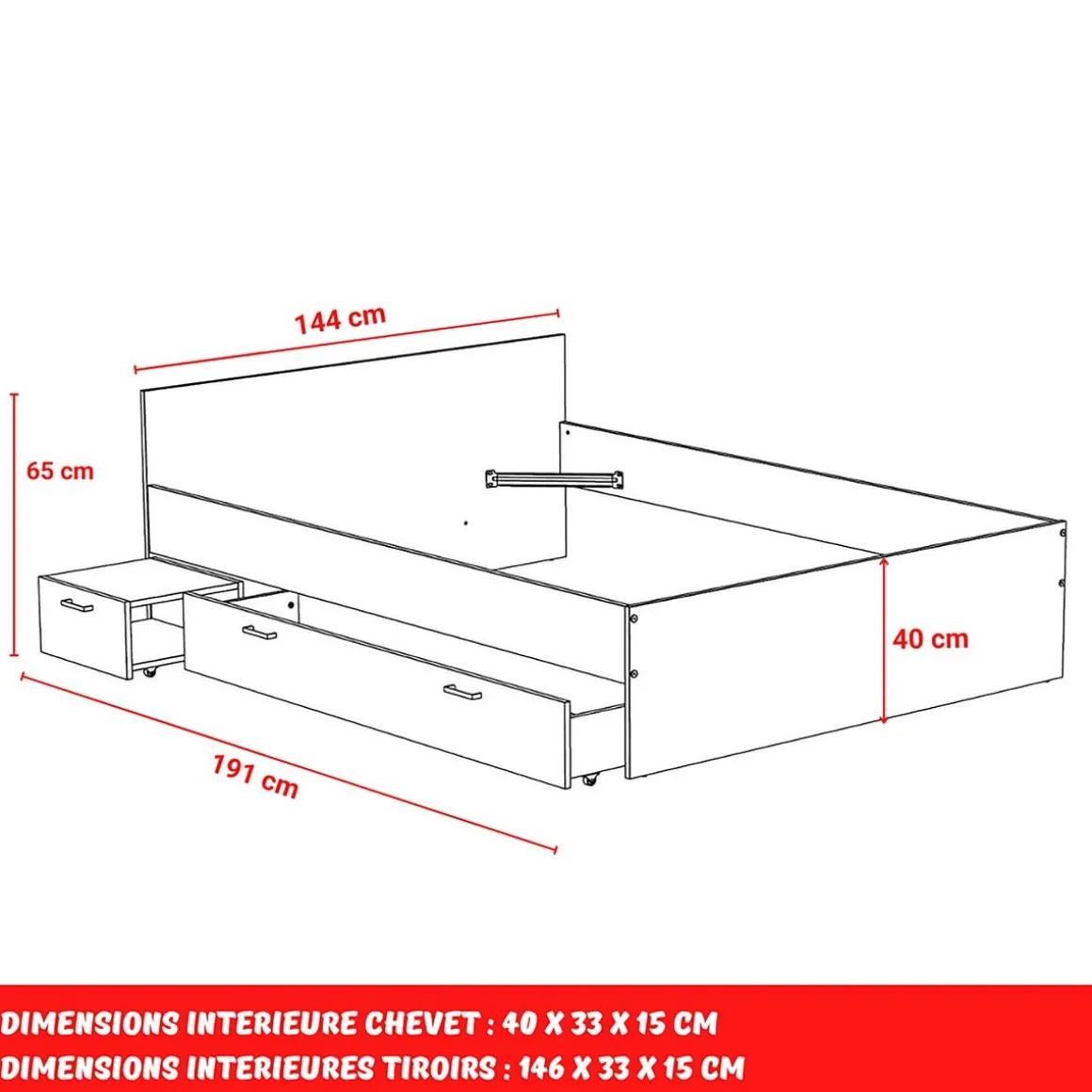 Lit double avec rangements 140X190 cm 1 chevet 1 tiroir BLAST