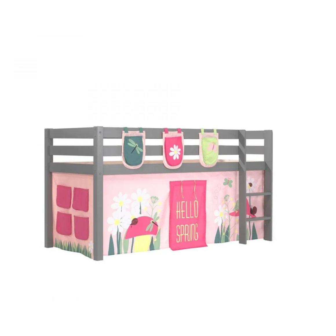 Lit Enfant Surélevé Pino 90x200cm Gris + rideau et Pochettes de lit Spring