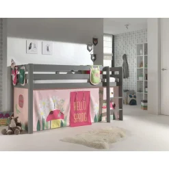 Lit Enfant Surélevé Pino 90x200cm Gris + rideau et Pochettes de lit Spring