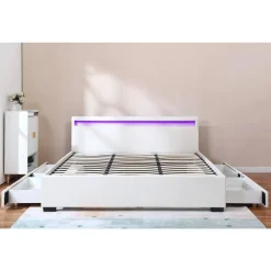LIT LED double avec 4 tiroirs Nico - 180 x 200 cm - Blanc