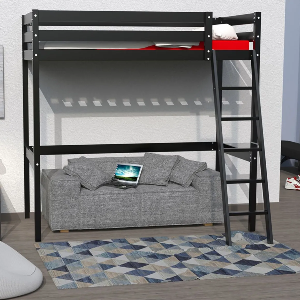 Lit Mezzanine 90 x 190 cm bois massif + sommier CITY