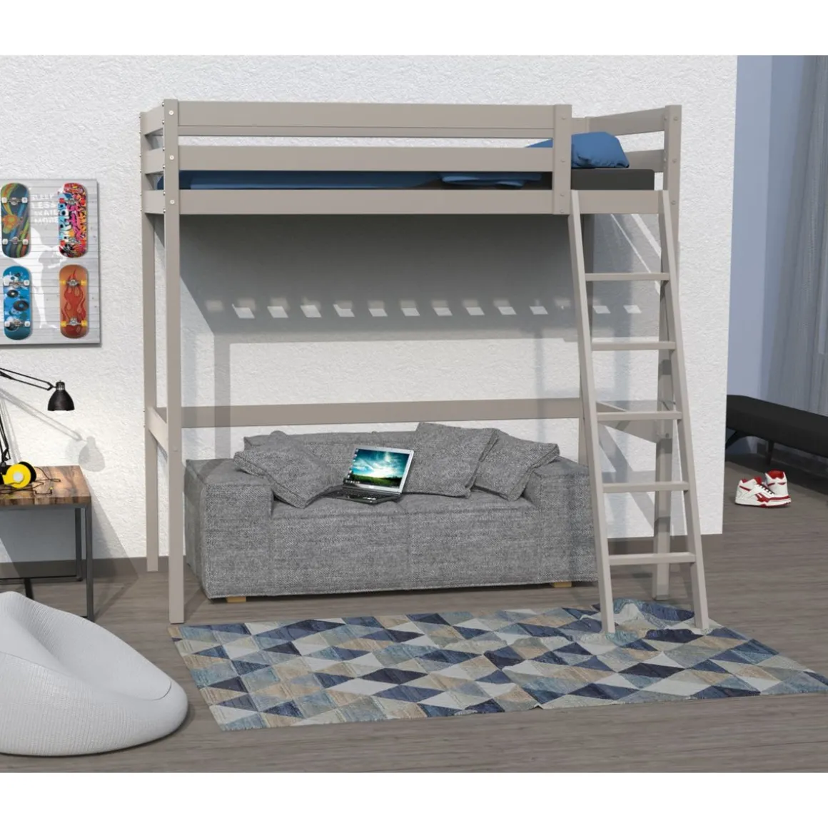 Lit Mezzanine 90 x 190 cm bois massif + sommier CITY