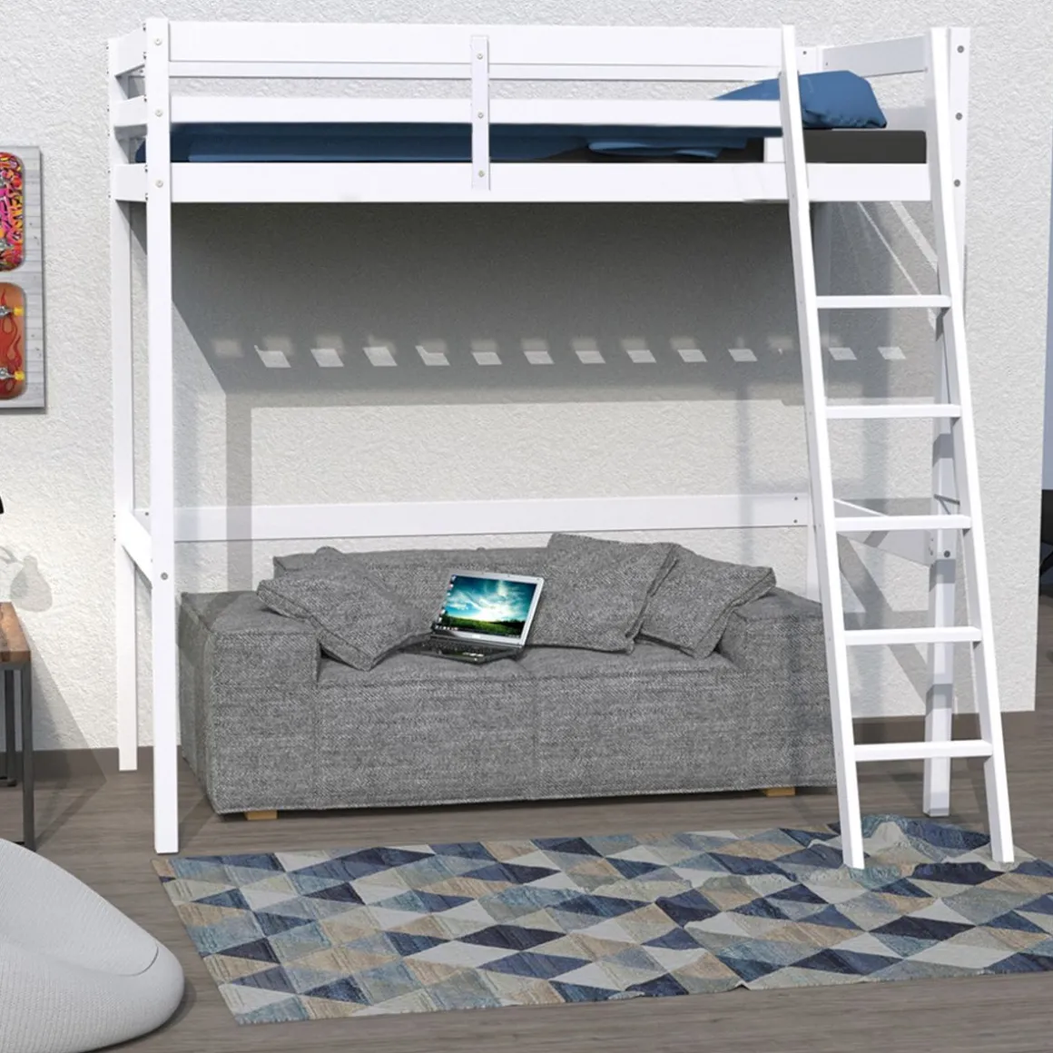 Lit Mezzanine 90 x 190 cm bois massif + sommier CITY