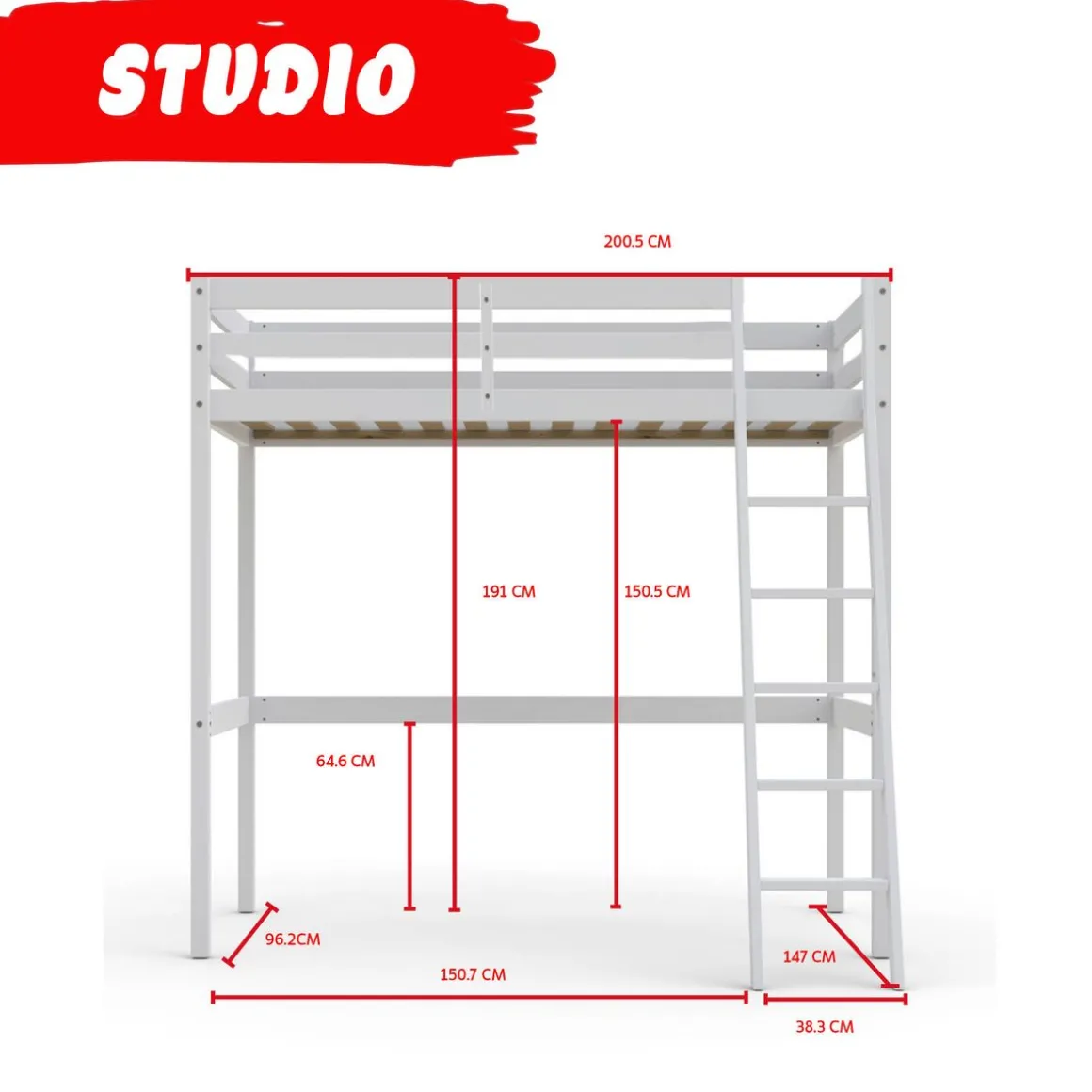 Lit Mezzanine 90 x 190 cm bois massif + sommier CITY