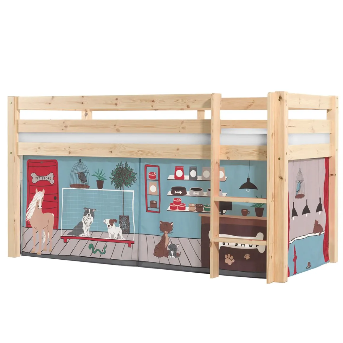 Lit Mi-Hauteur 90x200 sommier inclus housse Pet Shop Pino - Bois