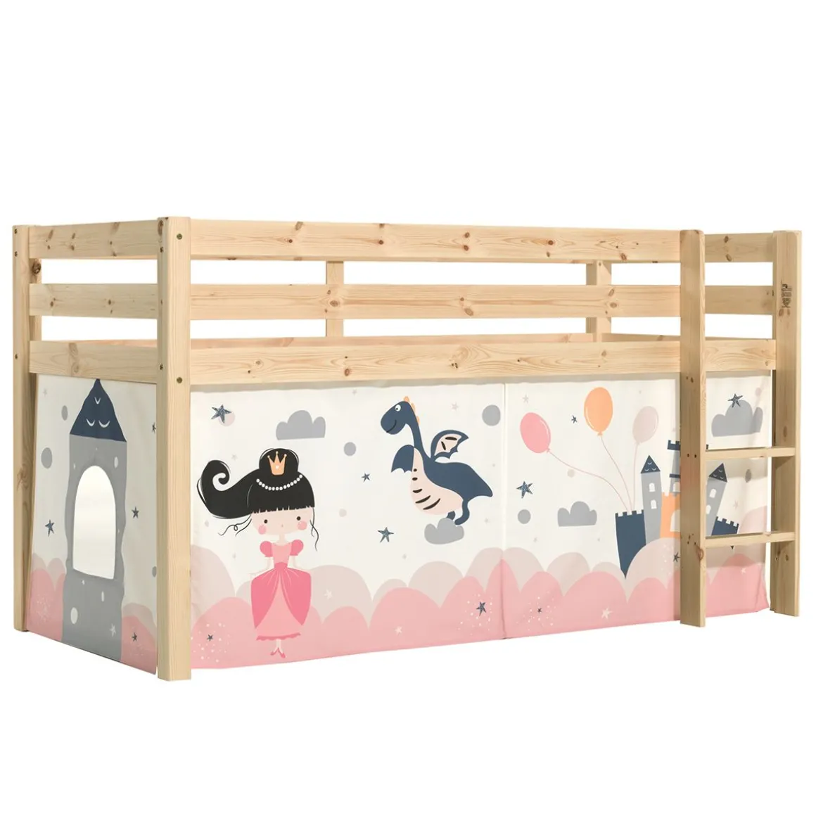 Lit Mi-Hauteur 90x200 sommier inclus housse Fairy Pino - Bois