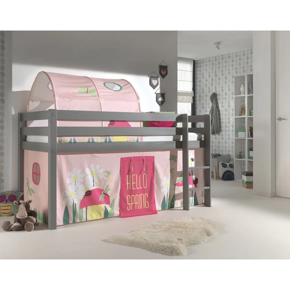 Lit Mi-Hauteur 90x200 Sommier Inclus et Housse Spring Pino - Gris