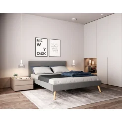 Lit scandinave tissu avec tête de lit et sommier 160x200 cm PORTIMAO