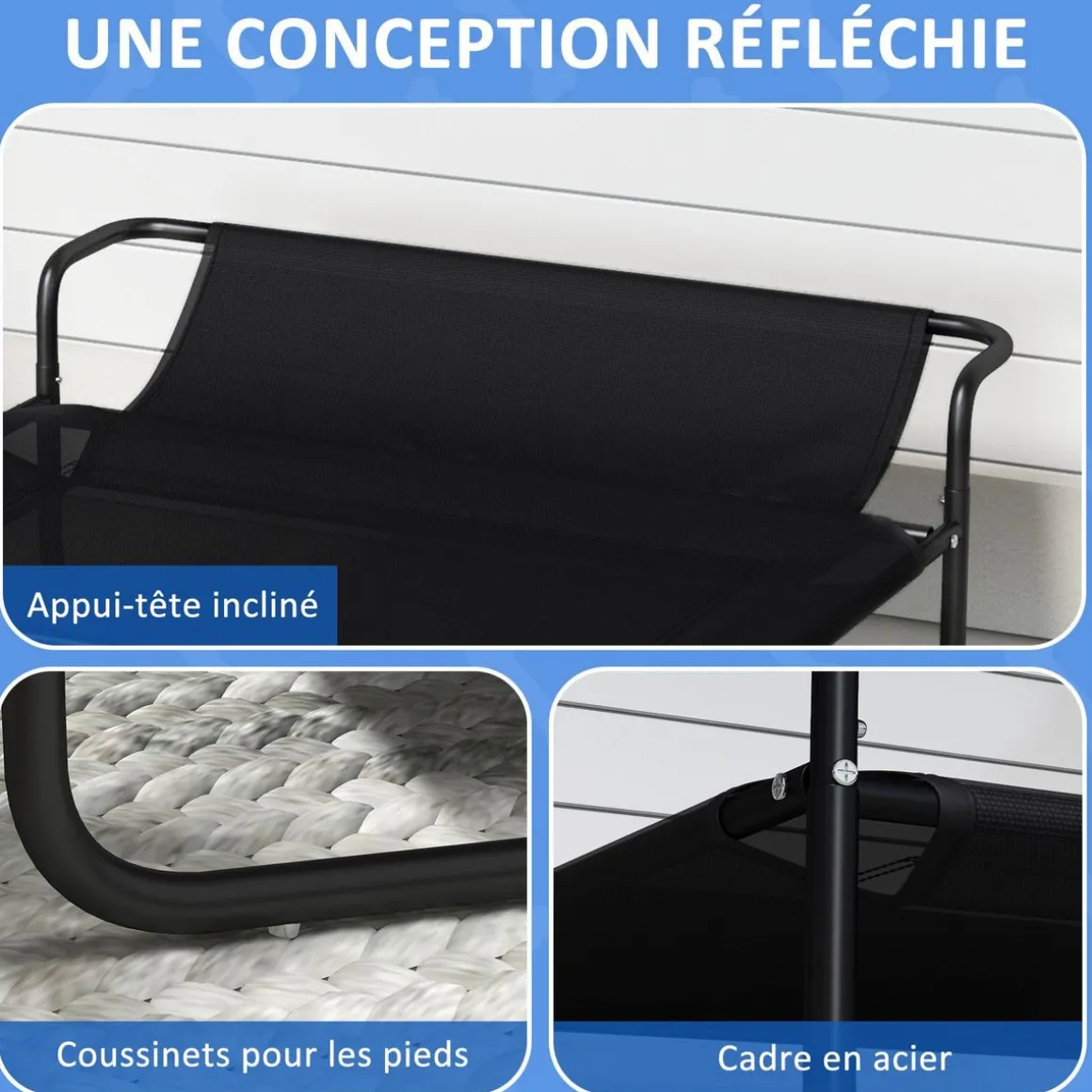 Lit surélevé pour chien appui-tête textilène micro-perforé noir