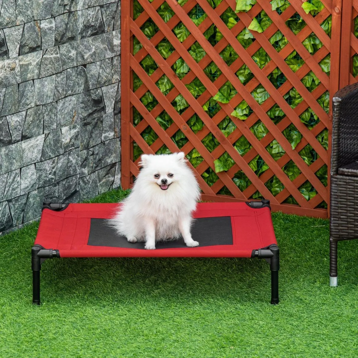 Lit surélevé pour chien chat dim. 76L x 61l x 18H cm avec sac métal époxy tissu oxford textilène micro-perforé rouge noir