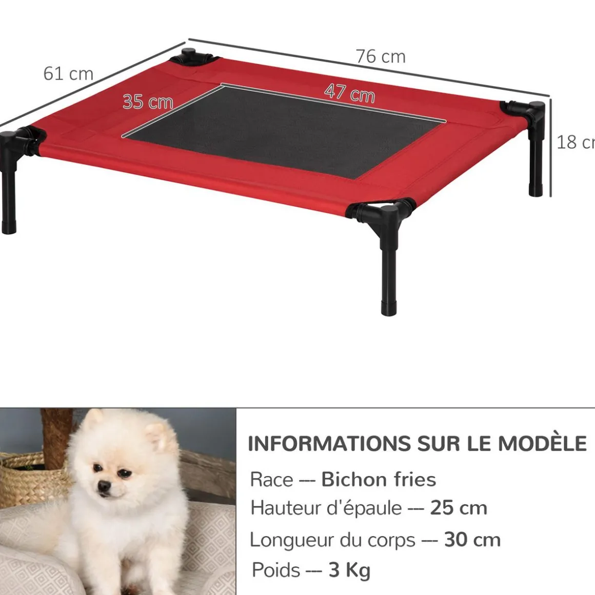 Lit surélevé pour chien chat dim. 76L x 61l x 18H cm avec sac métal époxy tissu oxford textilène micro-perforé rouge noir
