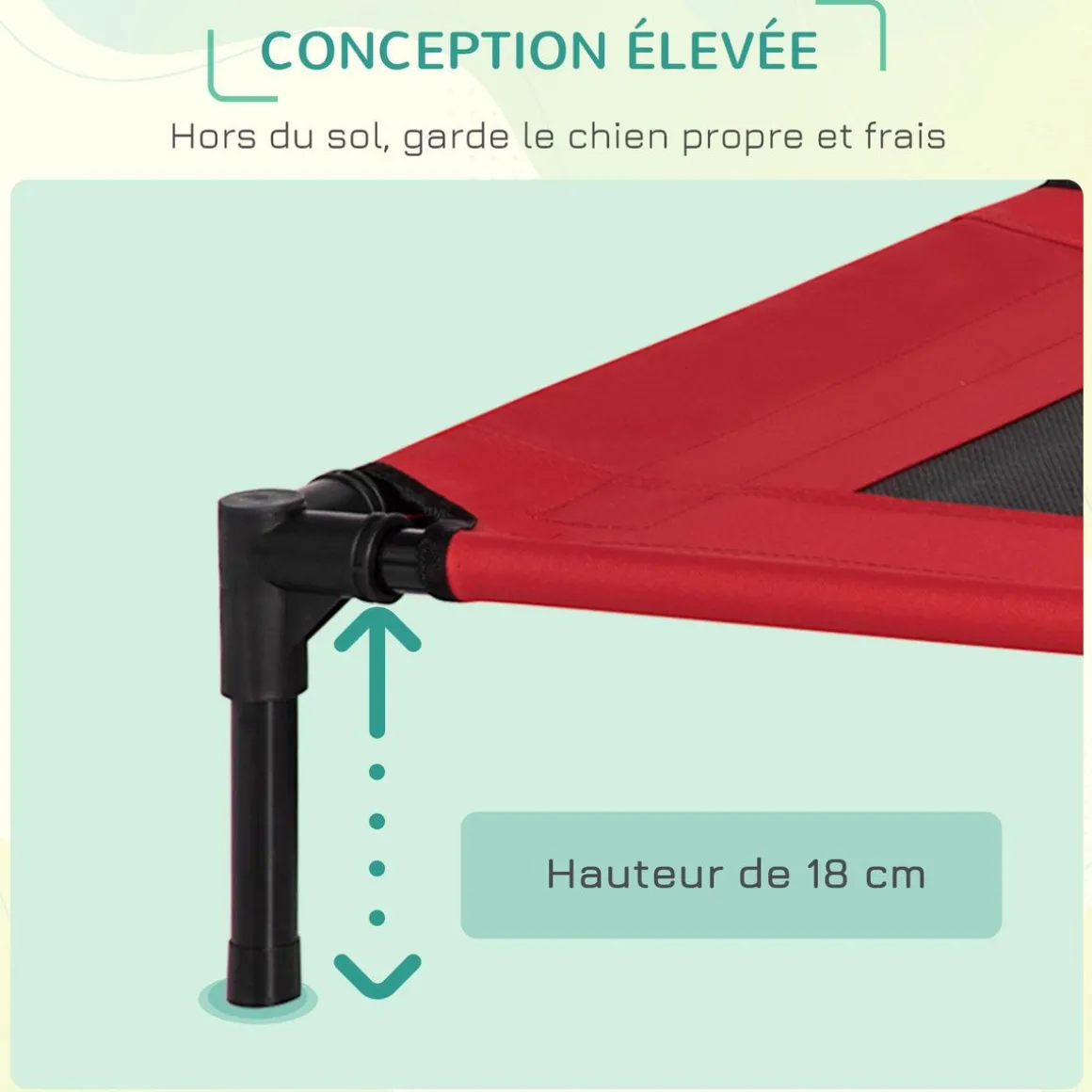 Lit surélevé pour chien chat dim. 76L x 61l x 18H cm avec sac métal époxy tissu oxford textilène micro-perforé rouge noir