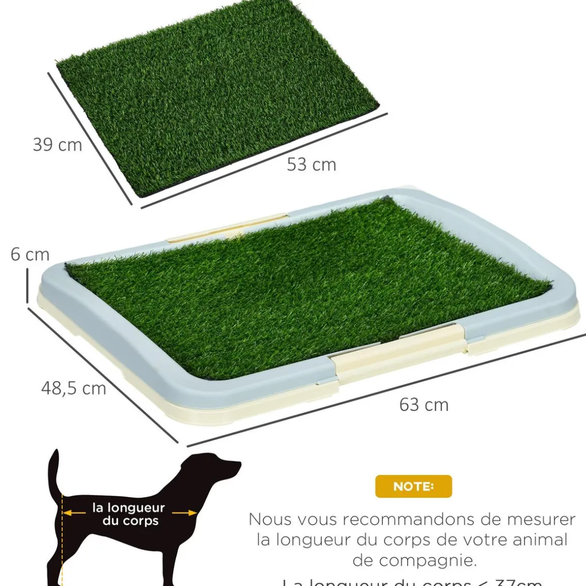 Litière gazon synthétique chien toilette portable à pelouse tiroir à déjection dim. 63L x 48l x 6H cm