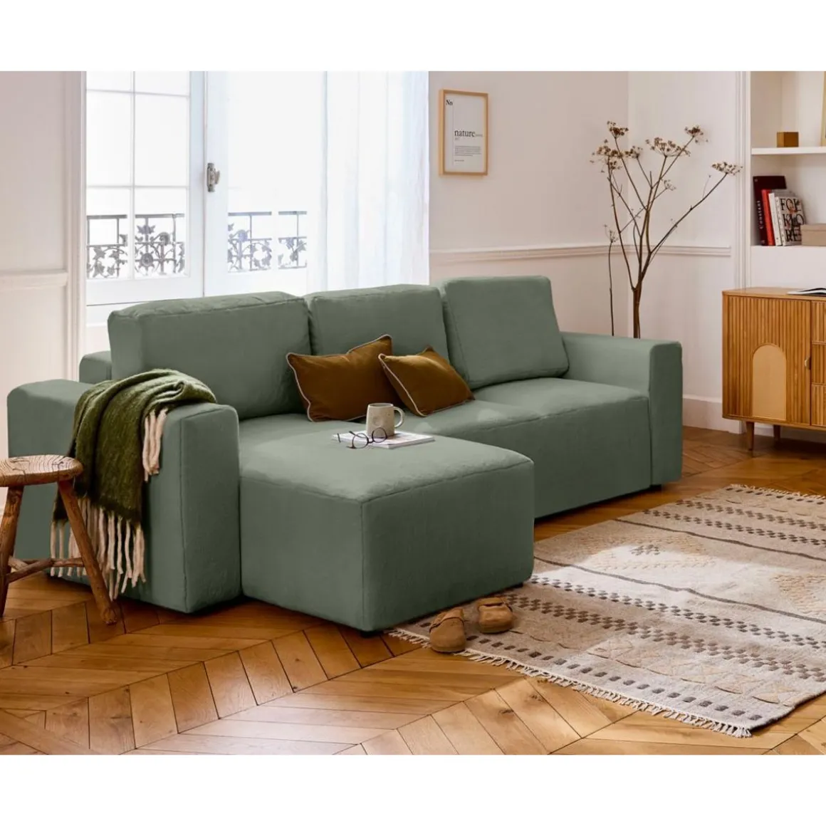 Livy - canapé d'angle réversible 4 places convertible avec coffre en fausse fourrure