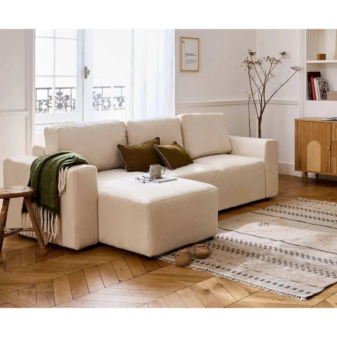 Livy - canapé d'angle réversible 4 places convertible avec coffre en fausse fourrure