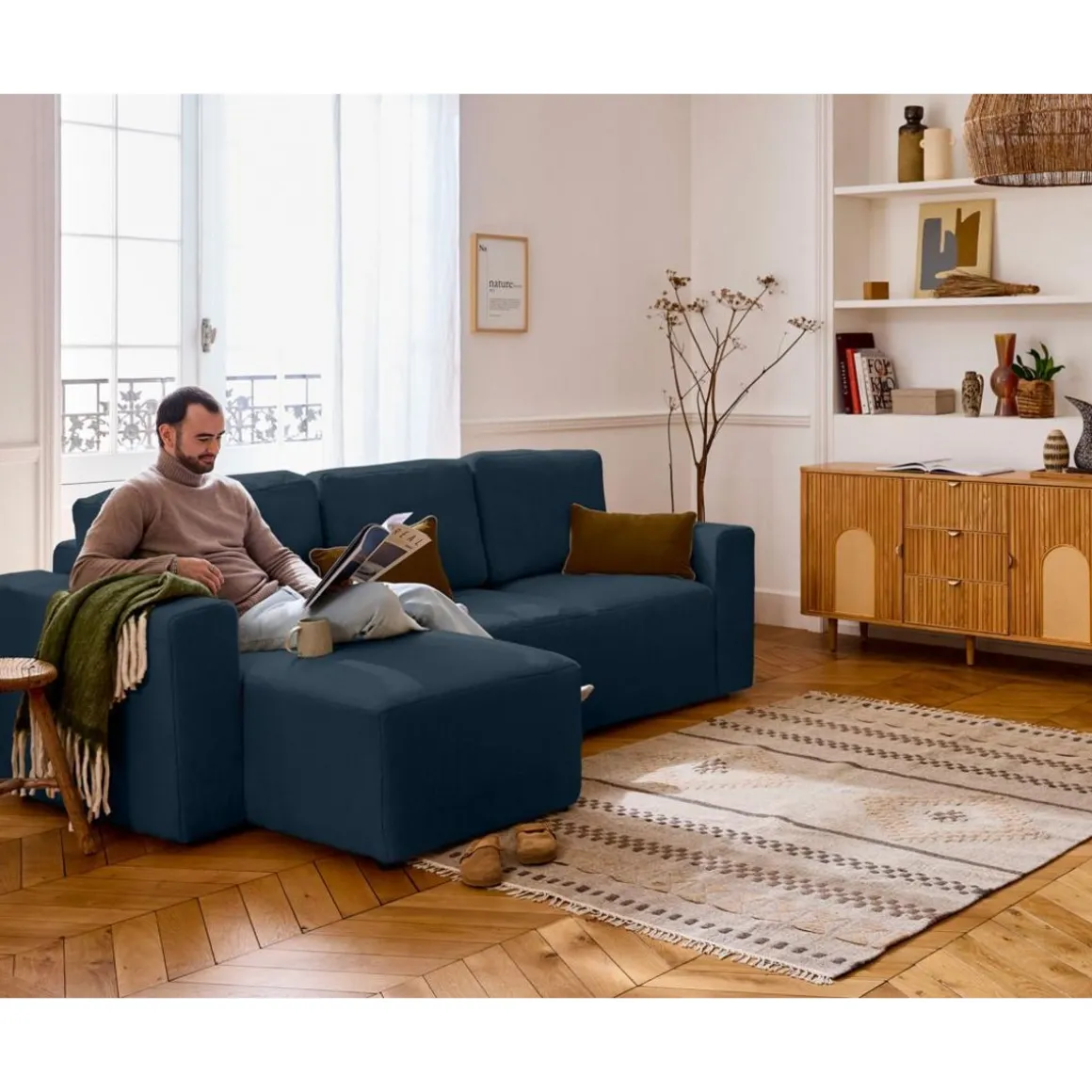 Livy - canapé d'angle réversible 4 places convertible avec coffre en fausse fourrure