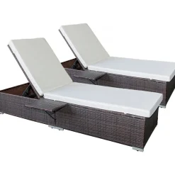 Lot de 2 bains de soleil en résine tressée avec coussins Alice - Beige