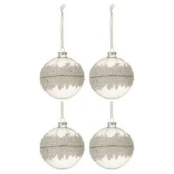 Lot de 4 Boules de Noël Glace 10cm Blanc & Argent