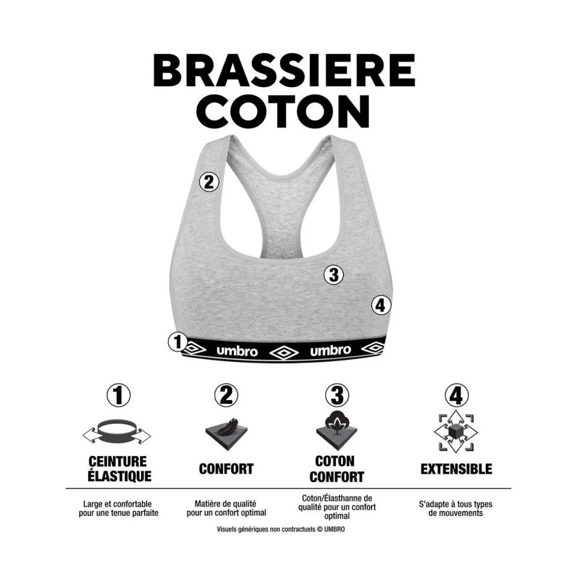 Lot de 3 brassières femme en coton Umbro élastique Noir
