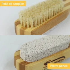 Lot de 2 brosses à ongles et pierre ponce 17,5 cm double face en bambou et poils de sanglier