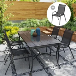 Lot de 4 chaises de jardin empilables - assise ergonomique, haut dossier, accoudoirs - acier textilène noir
