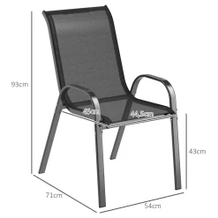 Lot de 4 chaises de jardin empilables - assise ergonomique, haut dossier, accoudoirs - acier textilène noir