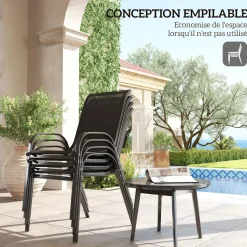 Lot de 4 chaises de jardin empilables - assise ergonomique, haut dossier, accoudoirs - acier textilène noir
