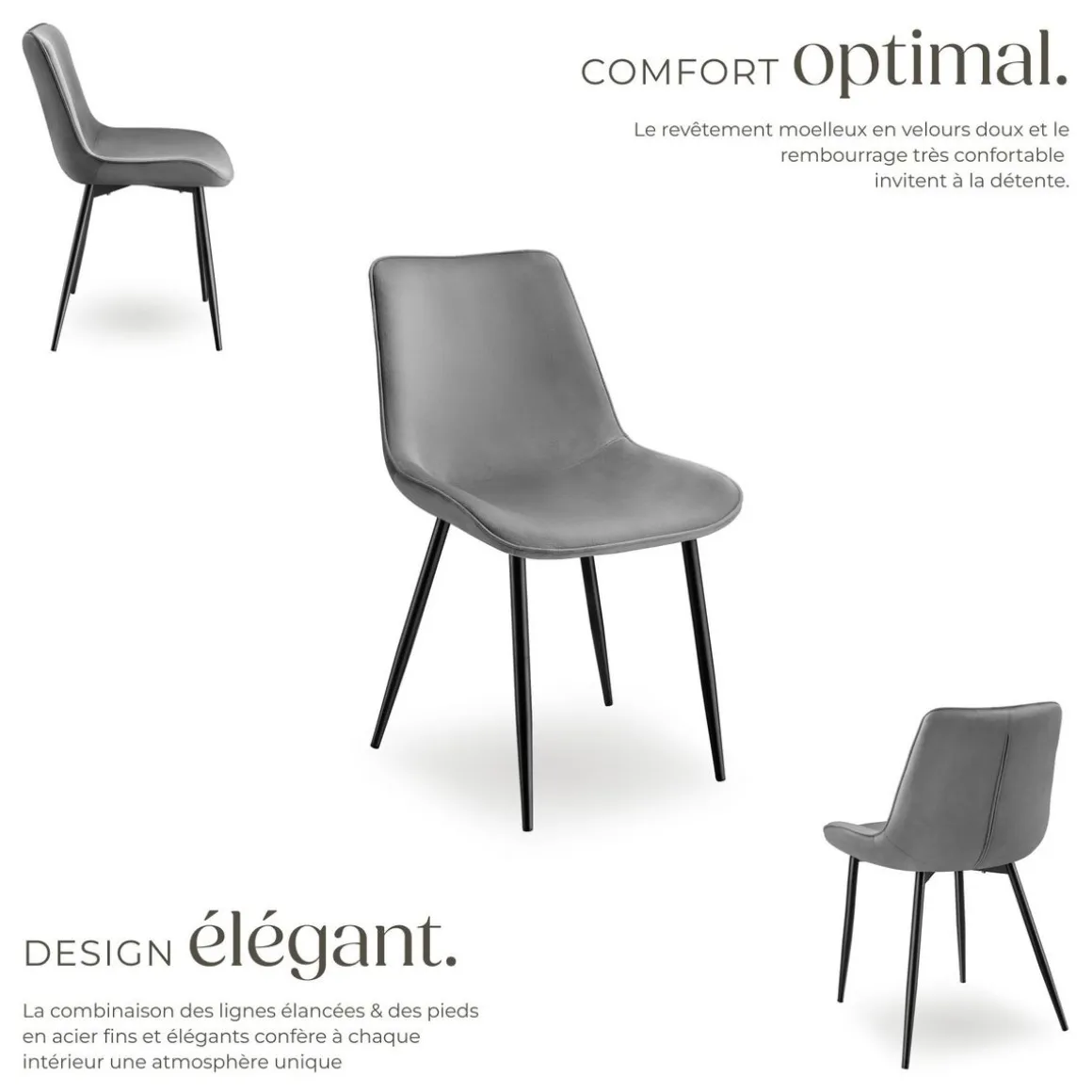 Lot de 2 chaises Rembourrées aspect velours assise Ergonomique gris