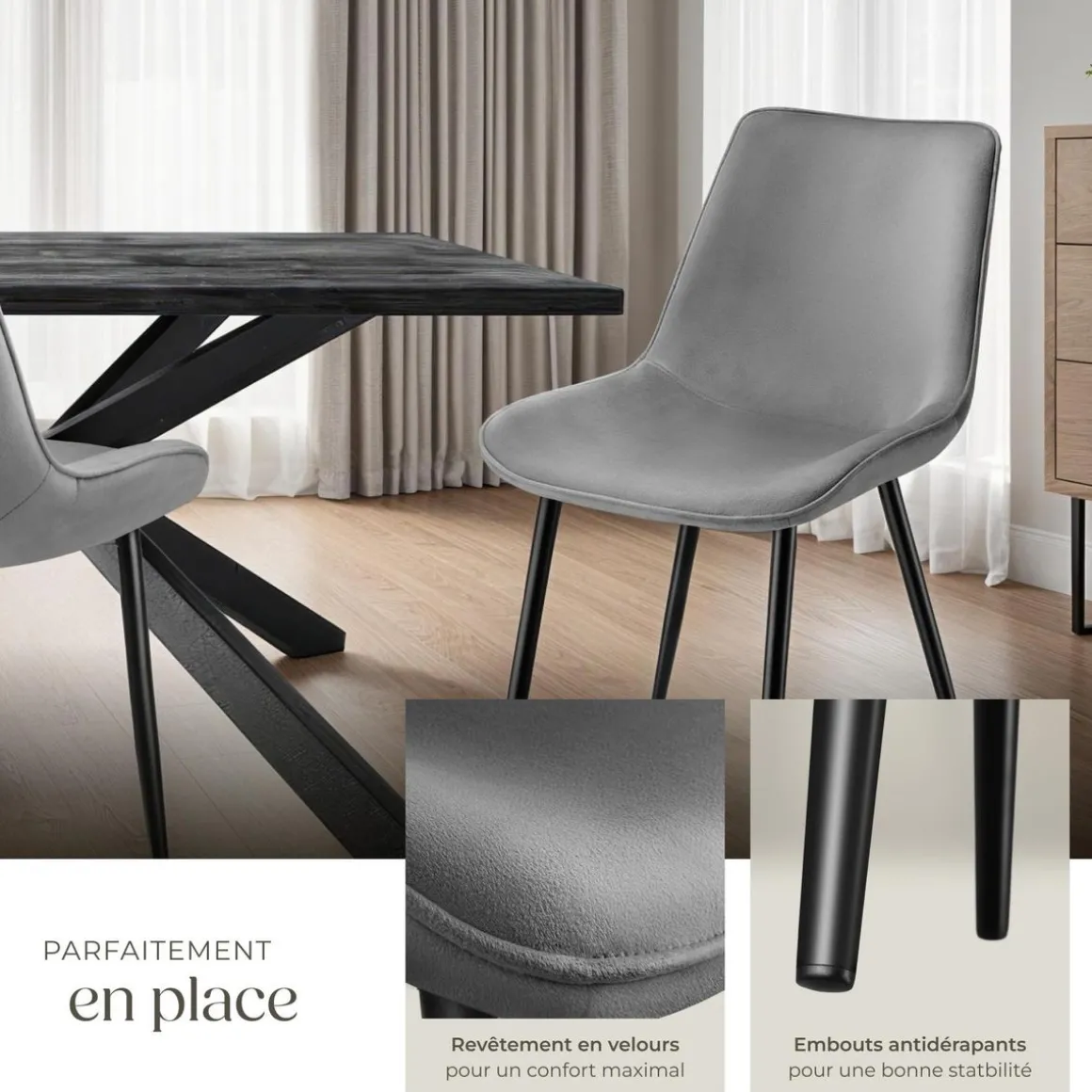 Lot de 2 chaises Rembourrées aspect velours assise Ergonomique gris