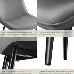 Lot de 2 chaises Rembourrées aspect velours assise Ergonomique gris