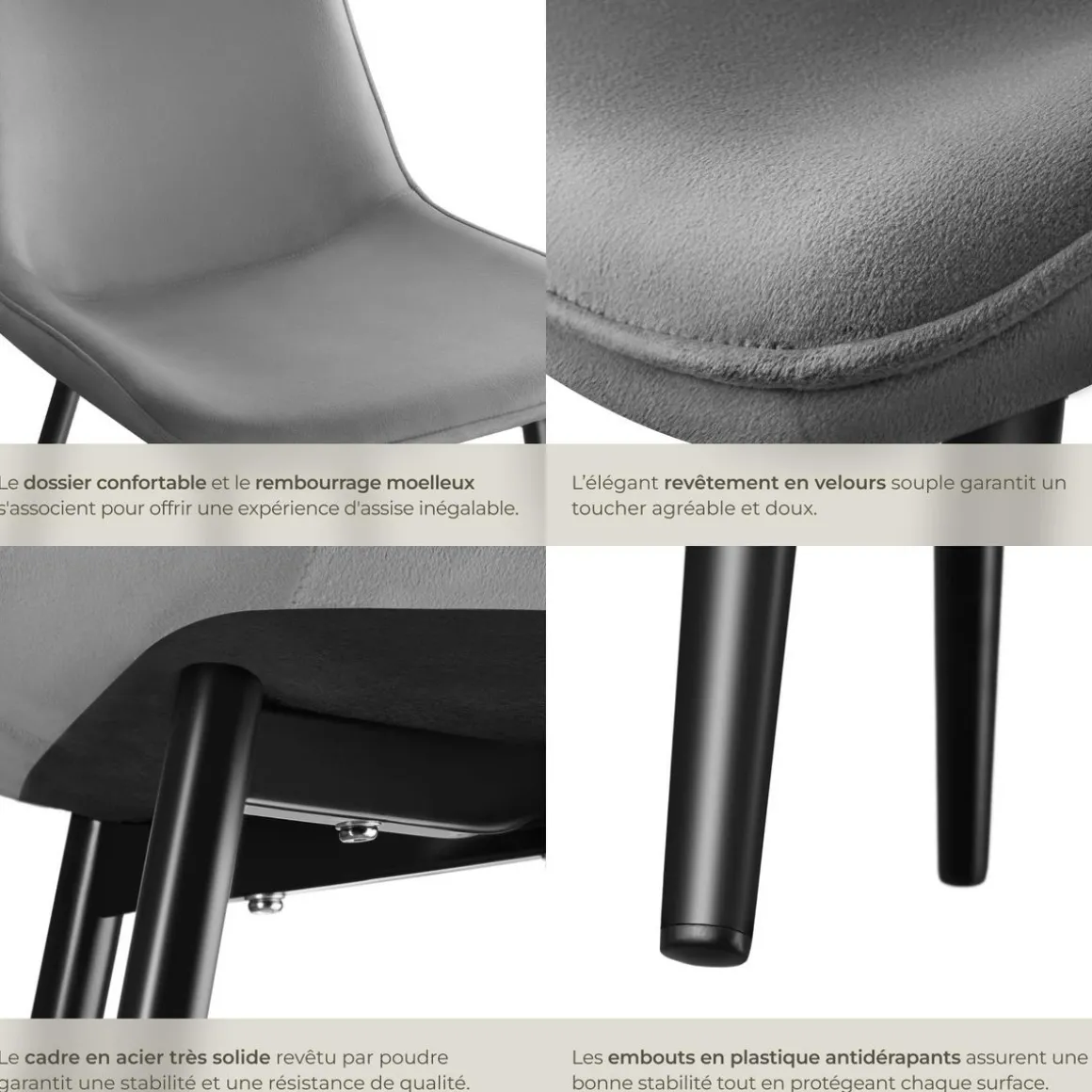 Lot de 2 chaises Rembourrées aspect velours assise Ergonomique gris