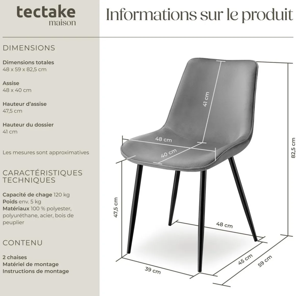 Lot de 2 chaises Rembourrées aspect velours assise Ergonomique gris