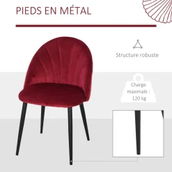 Lot de 2 chaises velours bordeaux pieds métal noir dim. 52L x 54l x 79H cm